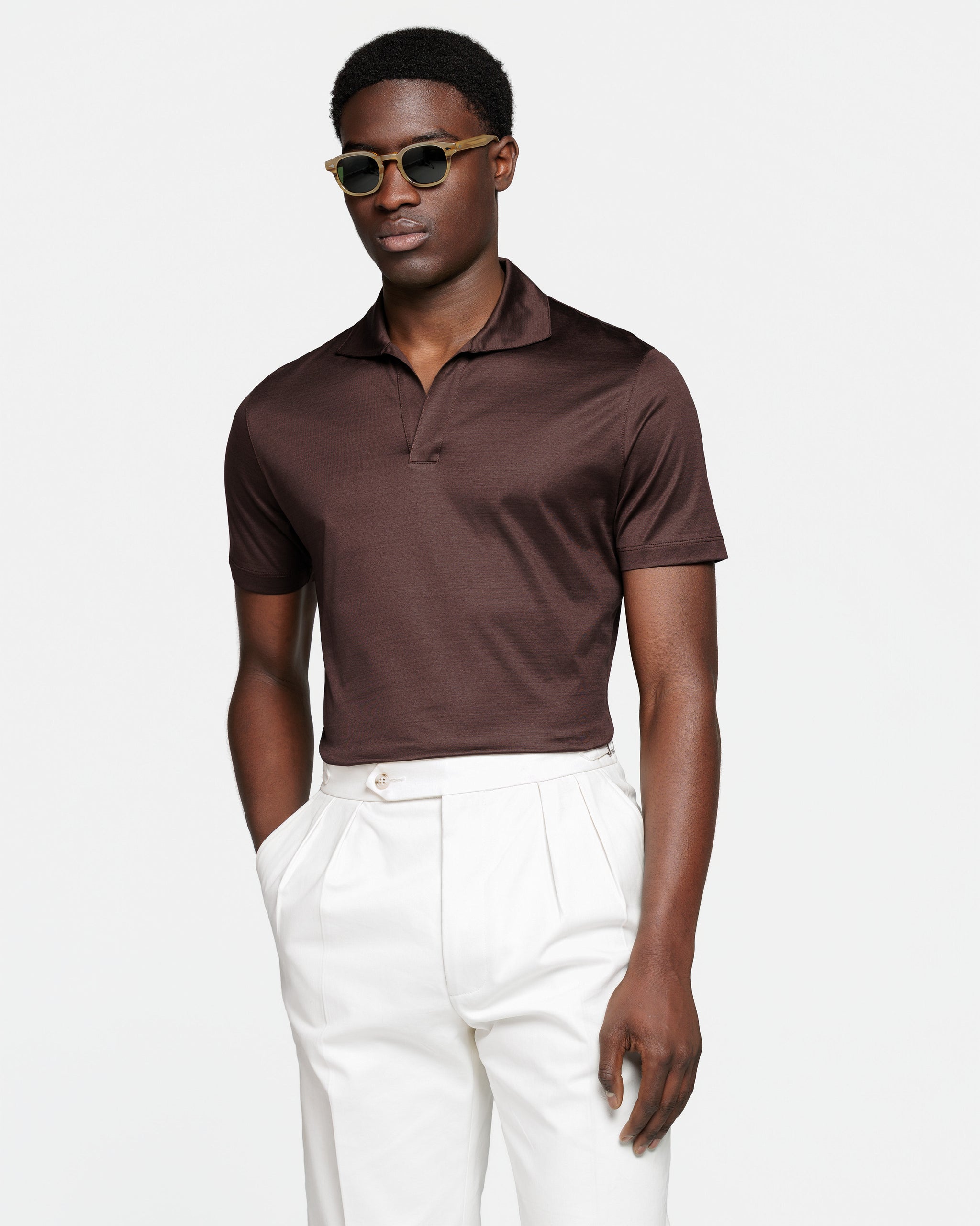 Brown Short Sleeve Buttonless Polo 100% Egyptian Cotton | Filatori