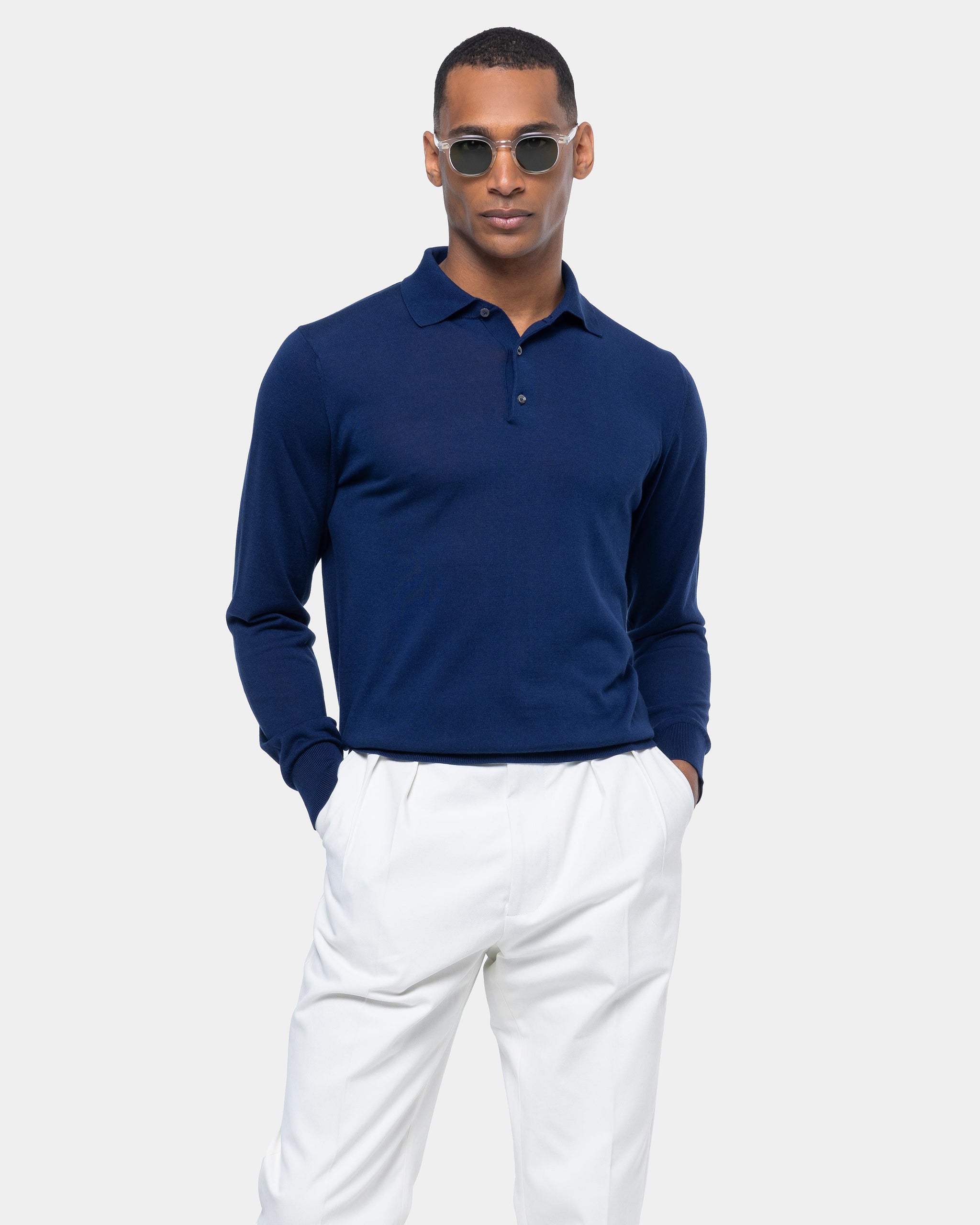 Maglia manica lunga Polo tinta unita Blu Marino Cotone biologico e Seta Mulberry | Filatori