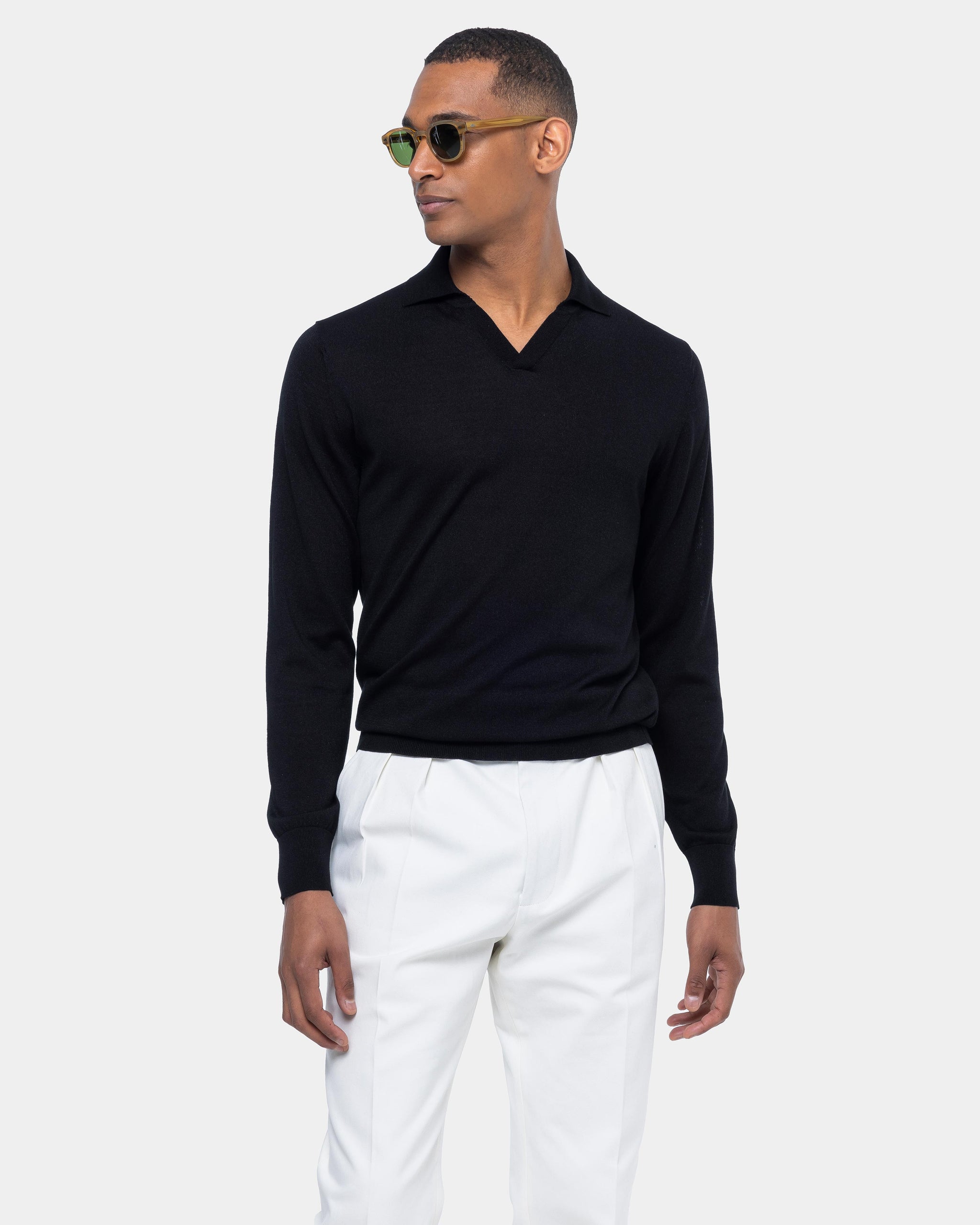 Black Long Sleeved Buttonless Polo Knit in Cotton and Silk Filatori