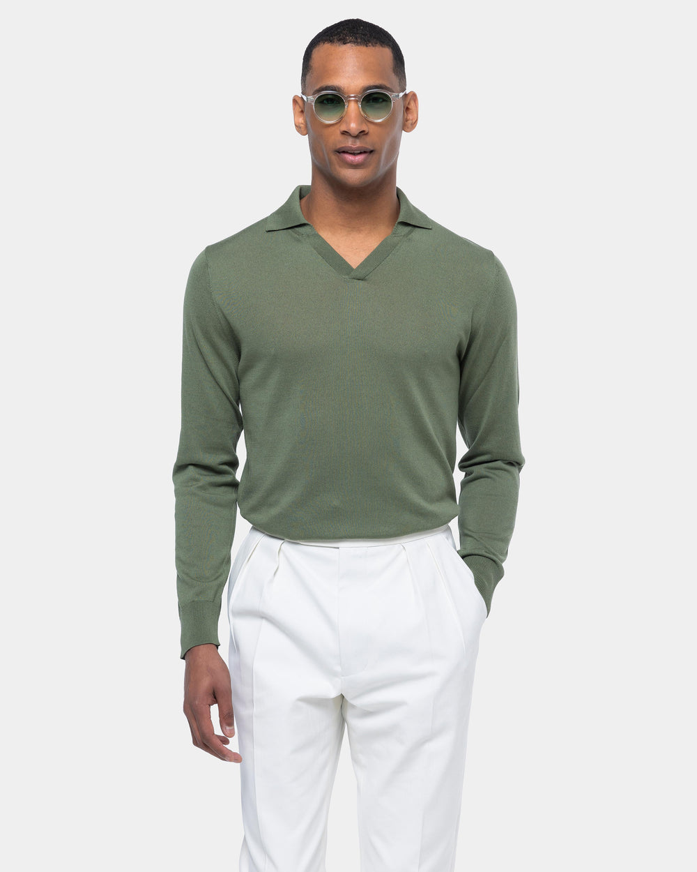 Military green Long Sleeved Buttonless Polo Knitwear in Organic Cotton  Mulberry Silk Filatori