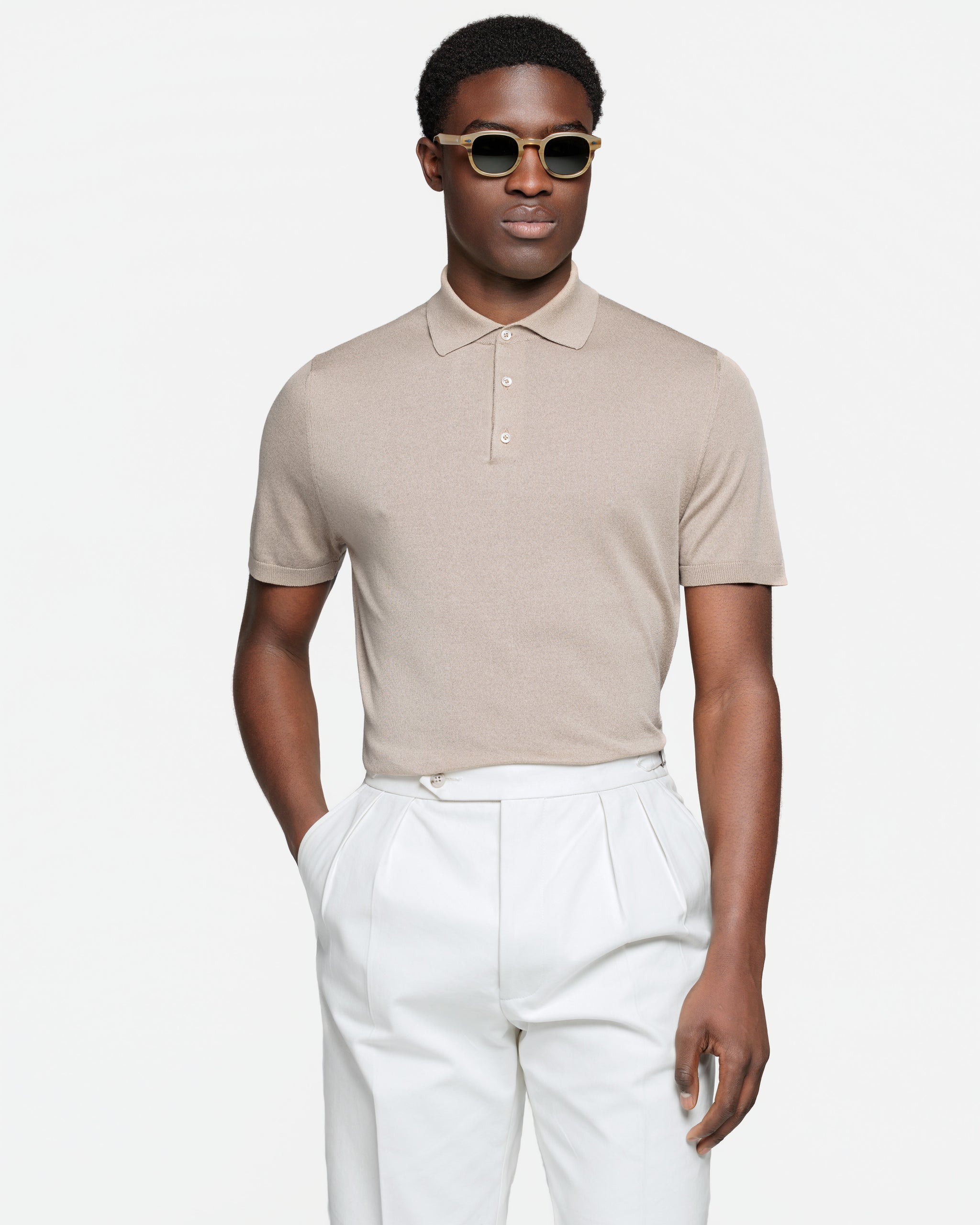 Almond Short Sleeve Polo Knitwear in Organic Cotton Mulberry Silk | Filatori