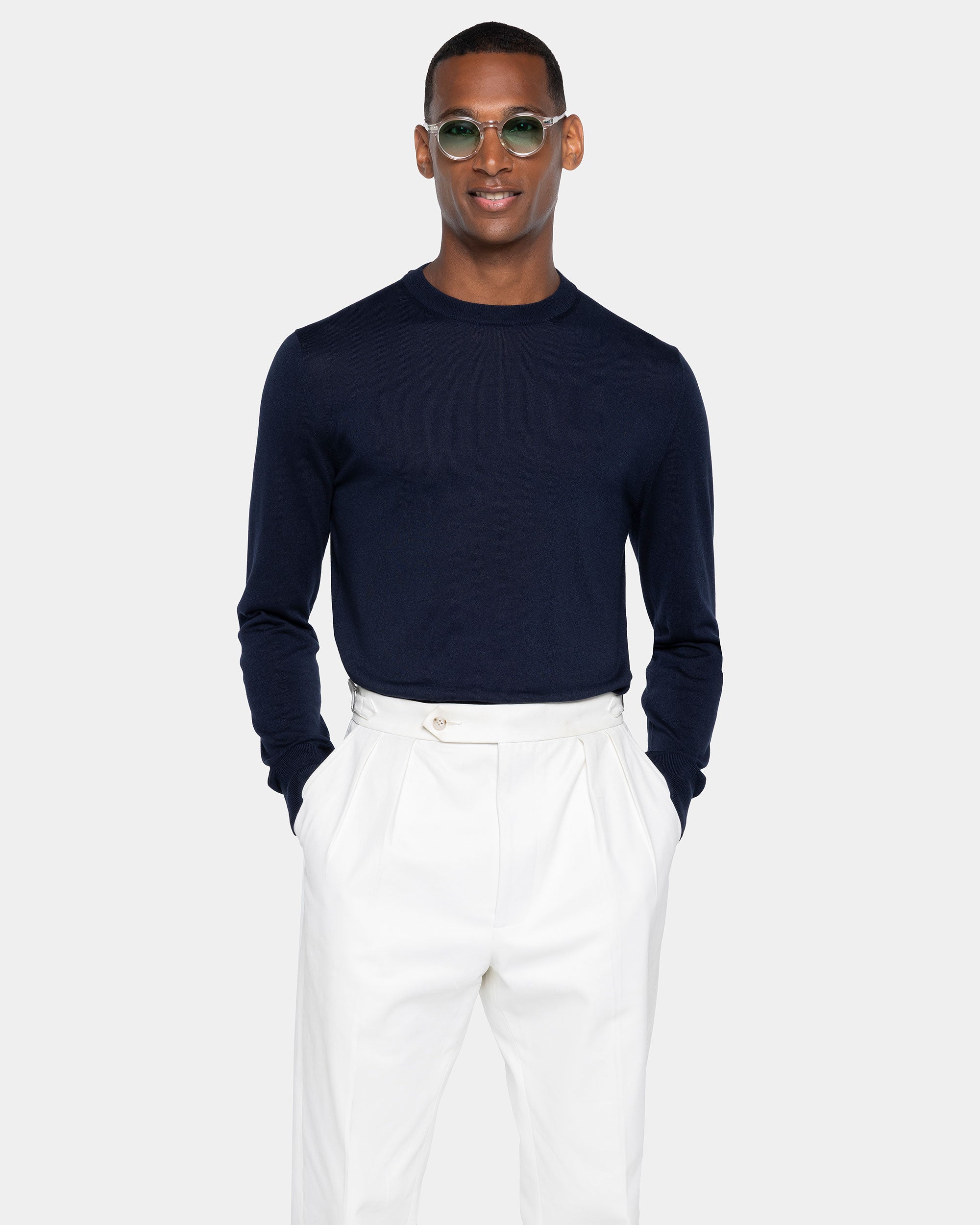 Maglia manica lunga Girocollo tinta unita blu Cotone biologico e Seta Mulberry | Filatori