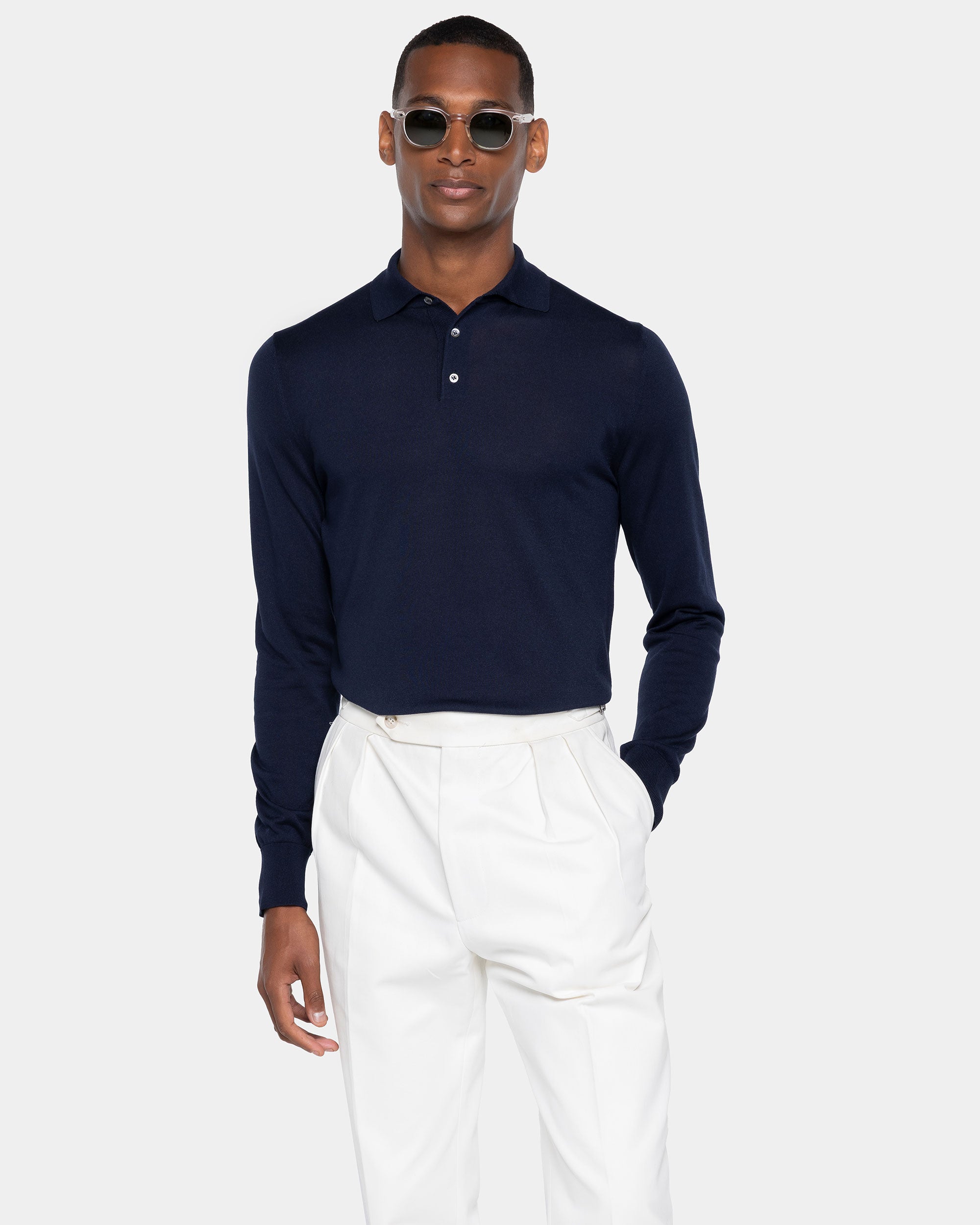 Maglia manica lunga Polo tinta unita Blu Cotone biologico e Seta Mulberry | Filatori