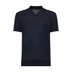 Maglia mezza manica Polo senza bottoni tinta unita Blu Cotone biologico e Seta Mulberry | Filatori