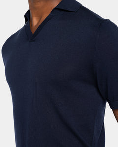 Maglia mezza manica Polo senza bottoni tinta unita Blu Cotone biologico e Seta Mulberry | Filatori