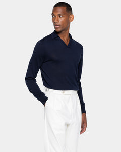 Maglia manica lunga Polo senza bottoni tinta unita Blu Cotone biologico e Seta Mulberry | Filatori