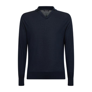 Maglia manica lunga Polo senza bottoni tinta unita Blu Cotone biologico e Seta Mulberry | Filatori
