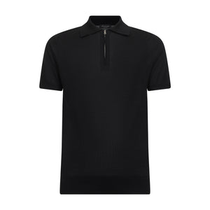 Black Short Sleeve Zip Polo Knitwear in Organic Cotton Mulberry Silk | Filatori