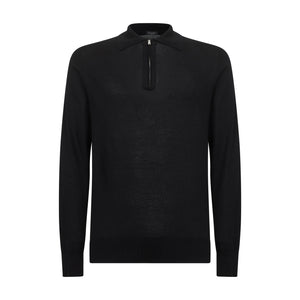 Black Long Sleeve Zip Polo Knitwear in Organic Cotton Mulberry Silk | Filatori