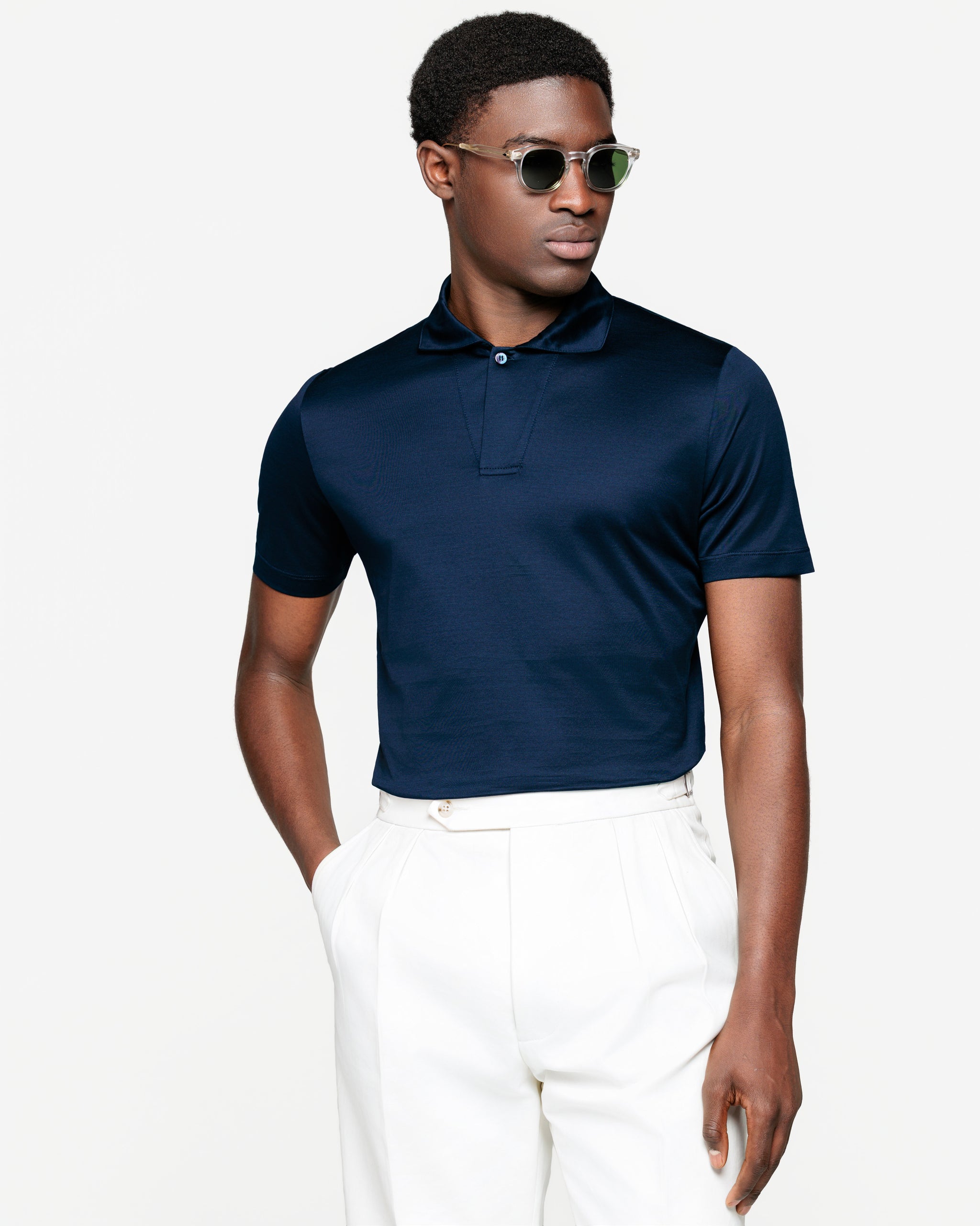 Blue Short Sleeve One-Button Polo 100% Cotton Micro Piqué 120/2 | Filatori