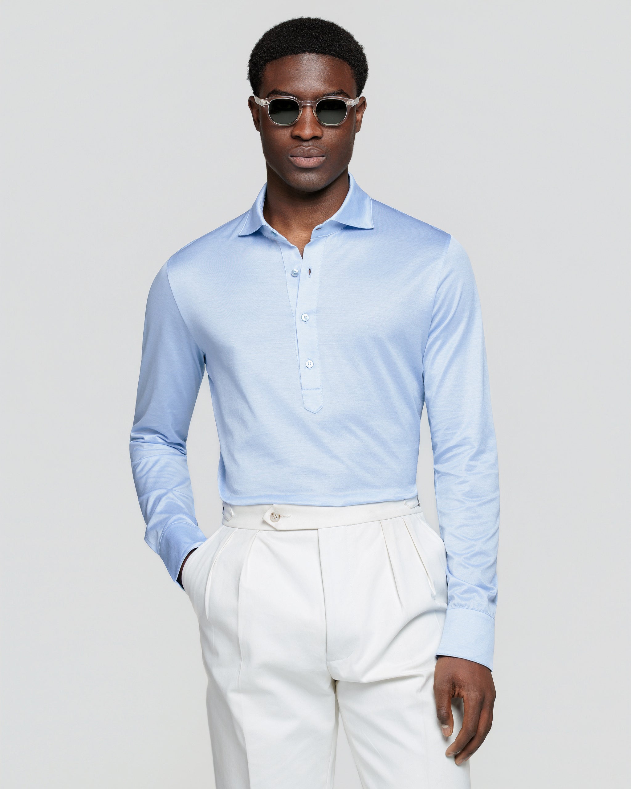 Light Blue Long Sleeve Polo Shirt 100% Cotton Micro Piqué 120/2 | Filatori