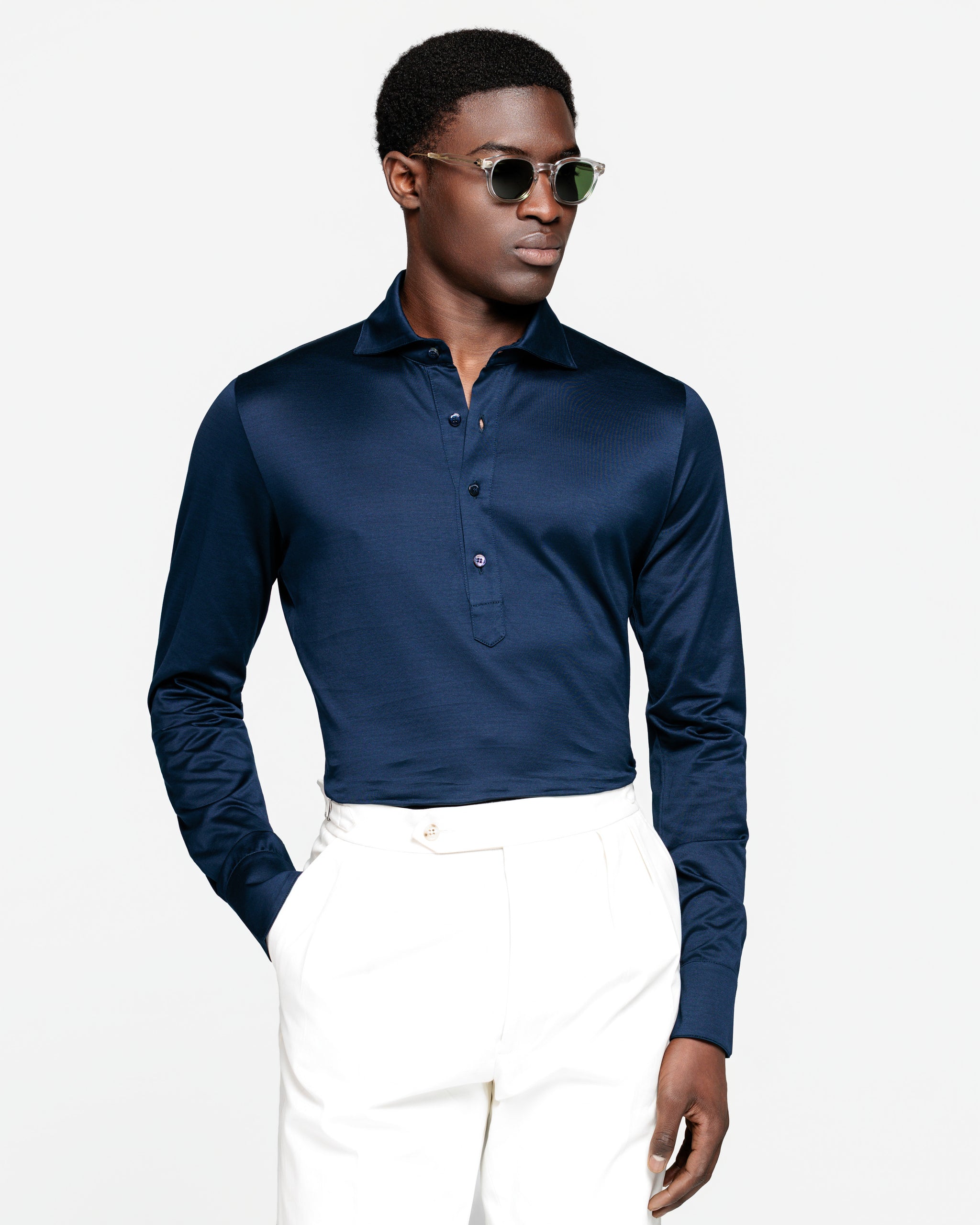 Polo Camicia manica lunga tinta unita Blu 100% Micro Piqué di Cotone 120/2 | Filatori