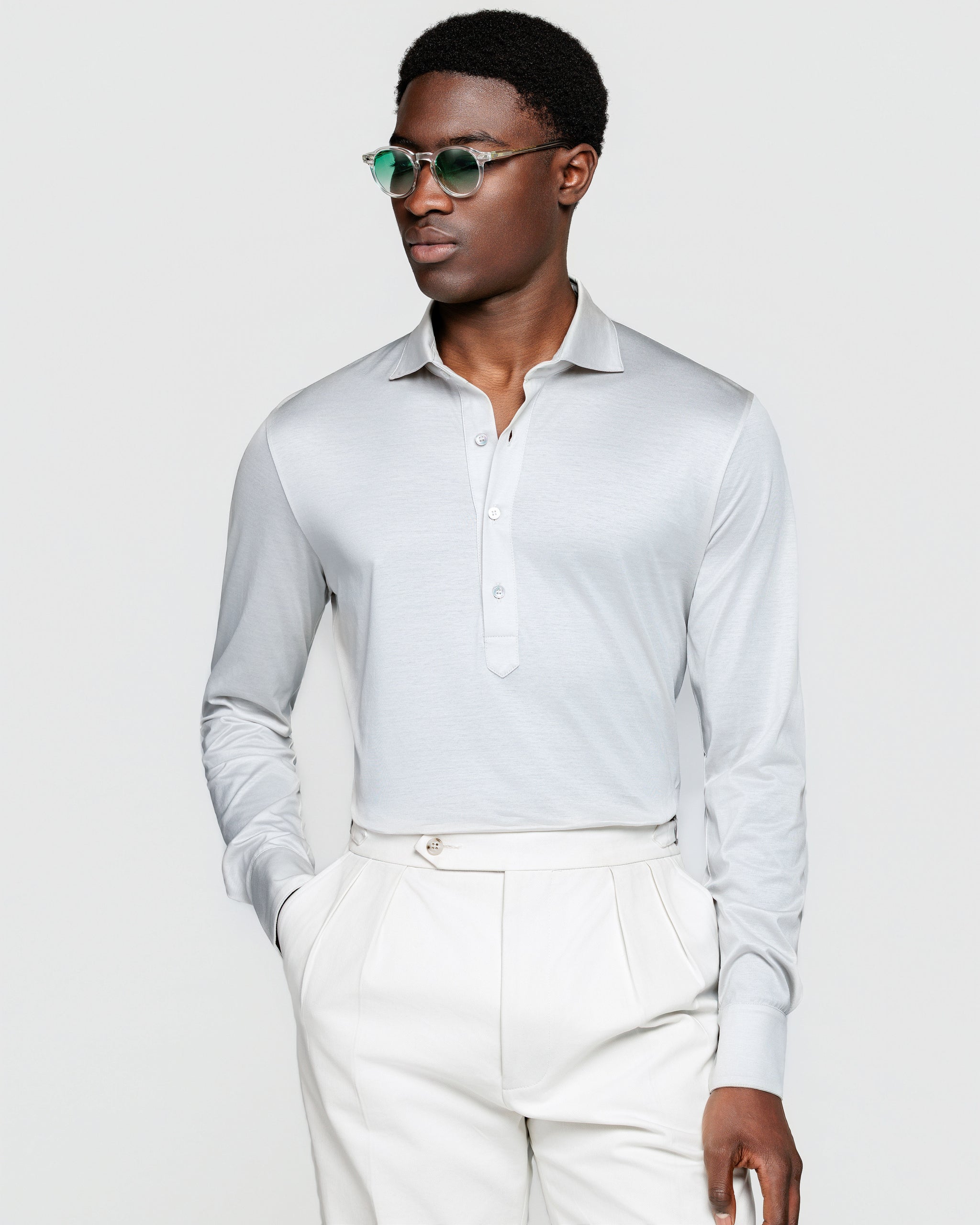Polo Camicia manica lunga tinta unita Grigio Perla 100% Cotone egiziano | Filatori