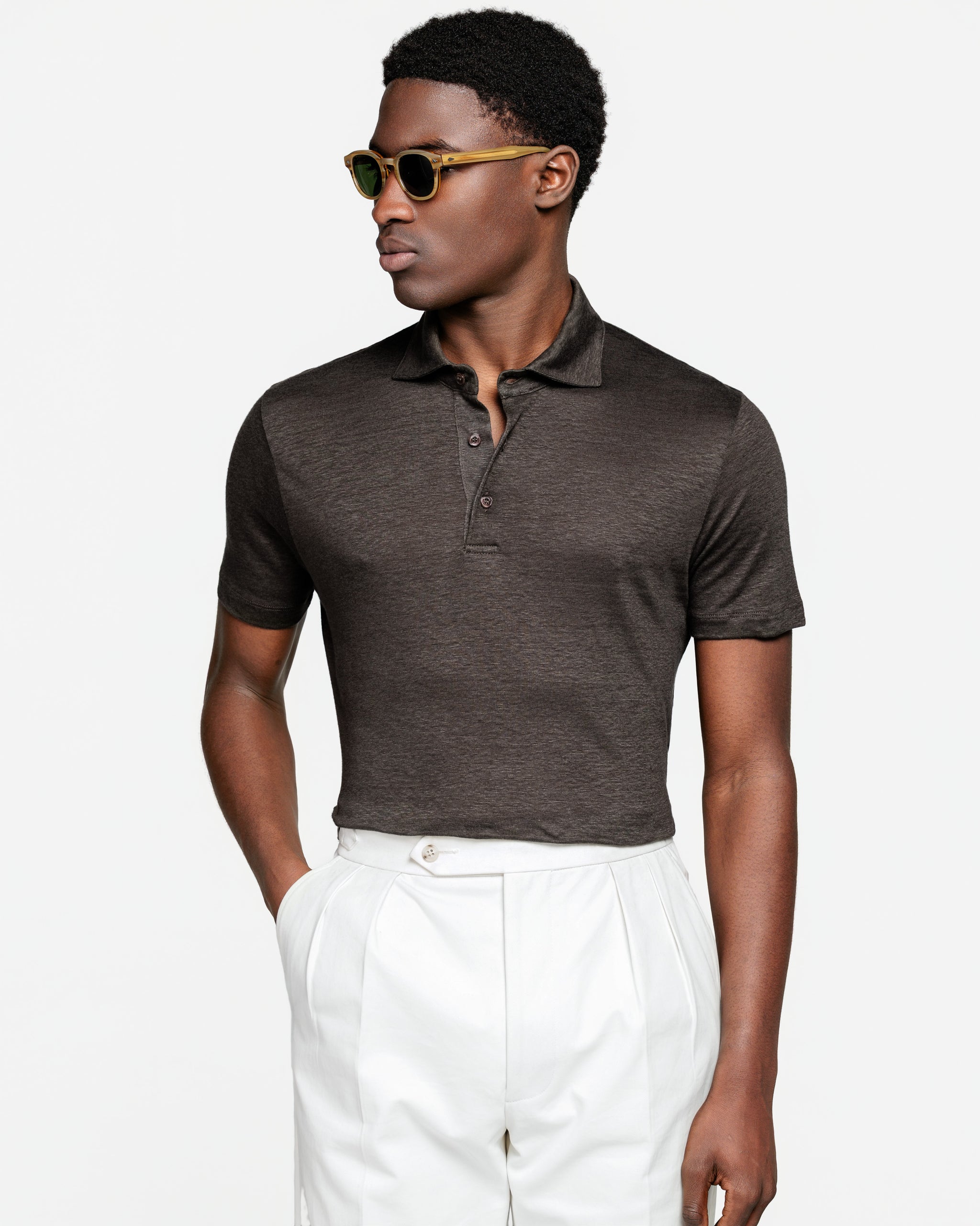 Brown Short Sleeve Classic Three-Button Polo 100% Masters of Linen | Filatori