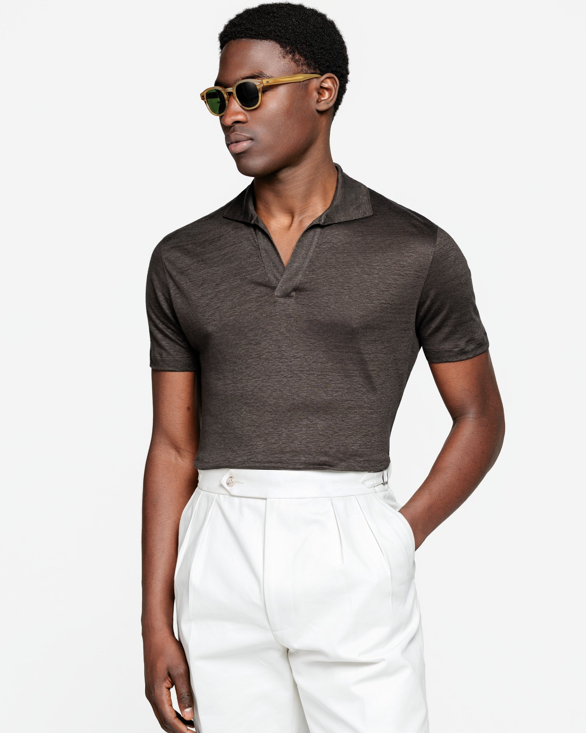Brown Short Sleeve Buttonless Polo 100% Masters of Linen | Filatori