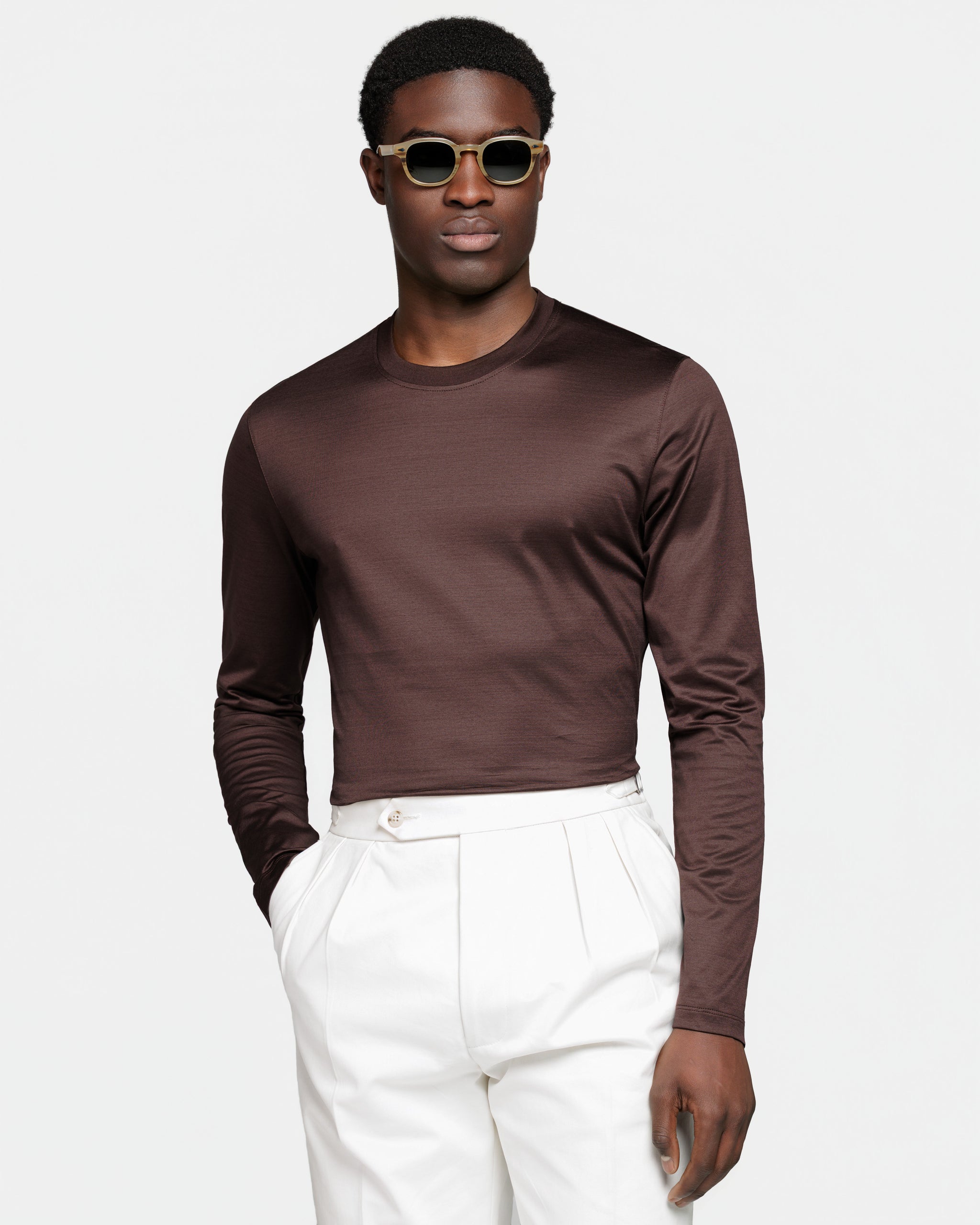 Brown Long Sleeve T-Shirt 100% Egyptian Cotton | Filatori 