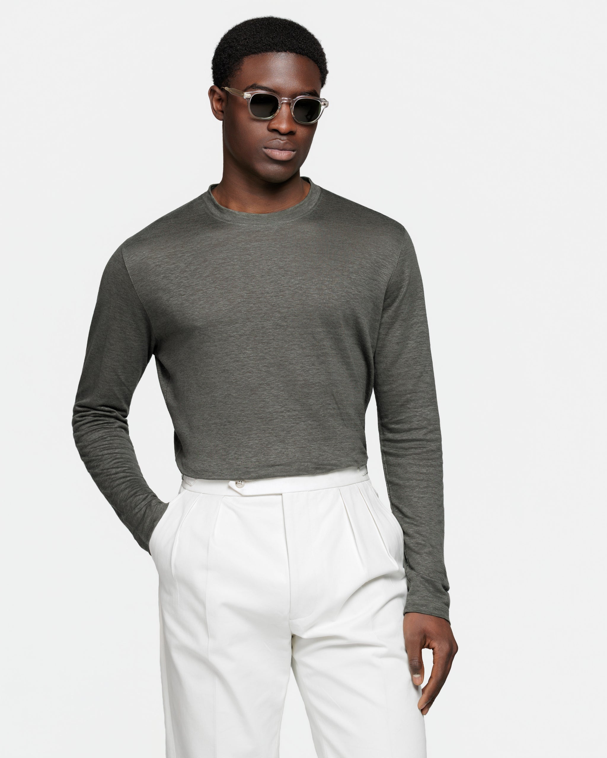 T shirt manica lunga tinta unita Verde Militare 100% Masters of Linen | Filatori