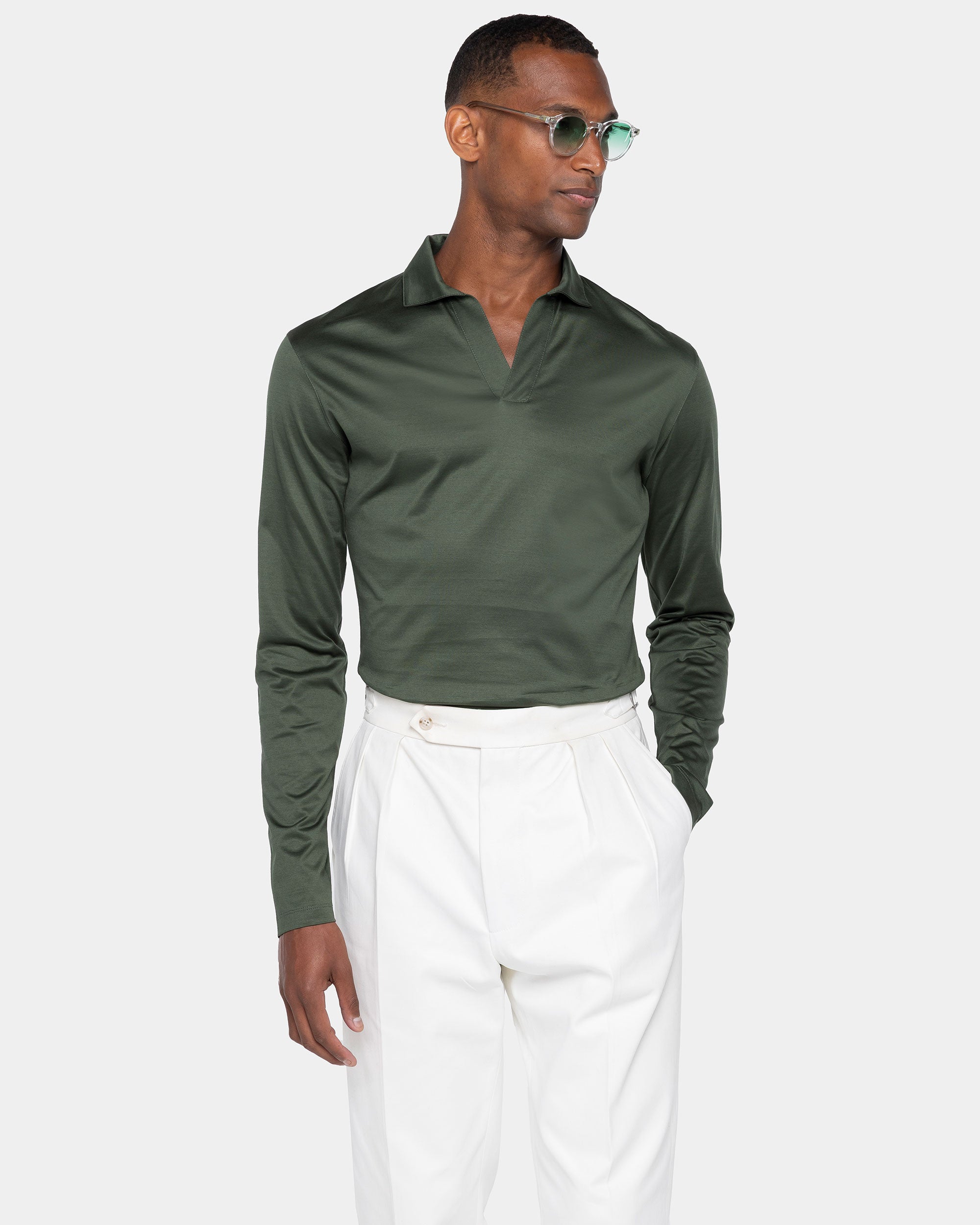 Polo senza bottoni manica lunga tinta unita Verde Militare 100% Cotone egiziano | Filatori