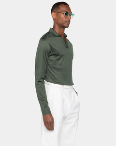 Polo senza bottoni manica lunga tinta unita Verde Militare 100% Cotone egiziano | Filatori