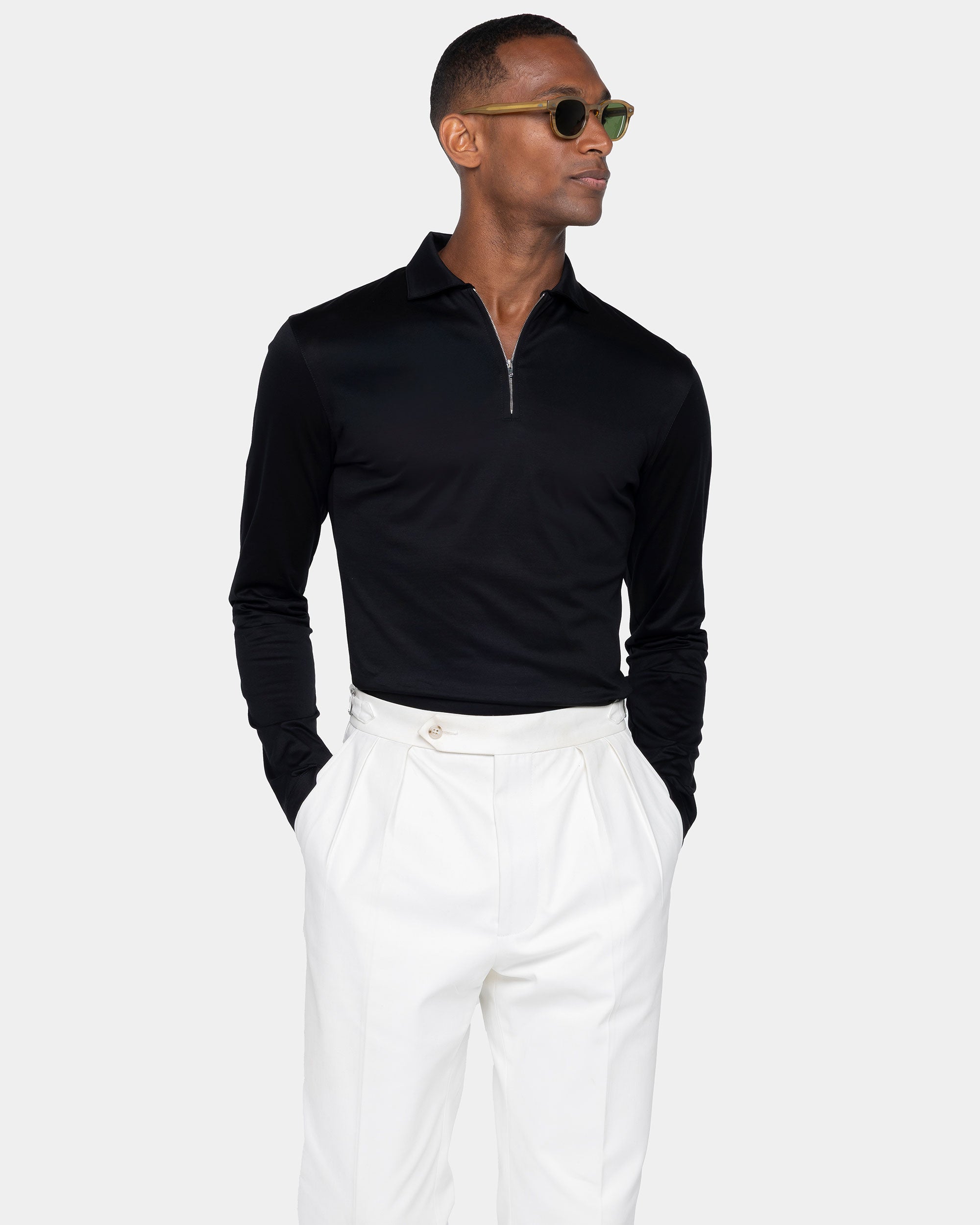 Polo mezza zip manica lunga tinta unita Nera 100% Cotone egiziano | Filatori