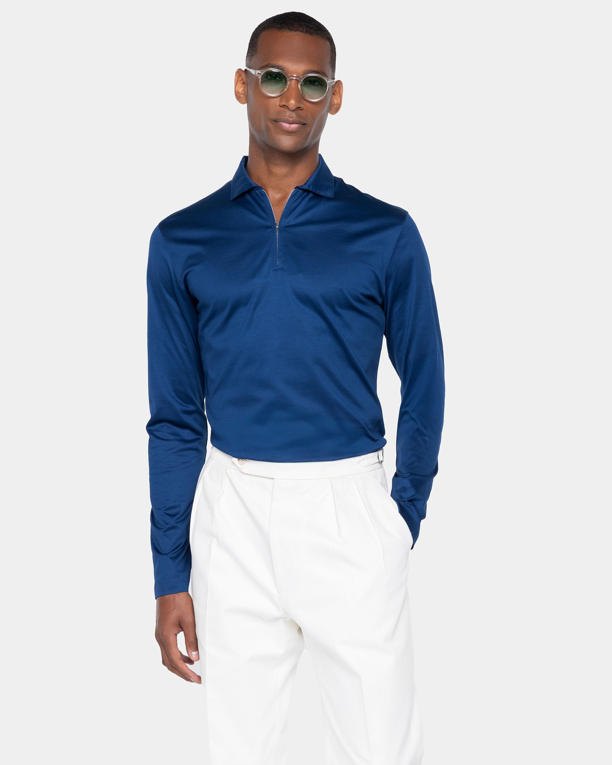 Polo mezza zip manica lunga tinta unita Blu Marino 100% Cotone egiziano | Filatori