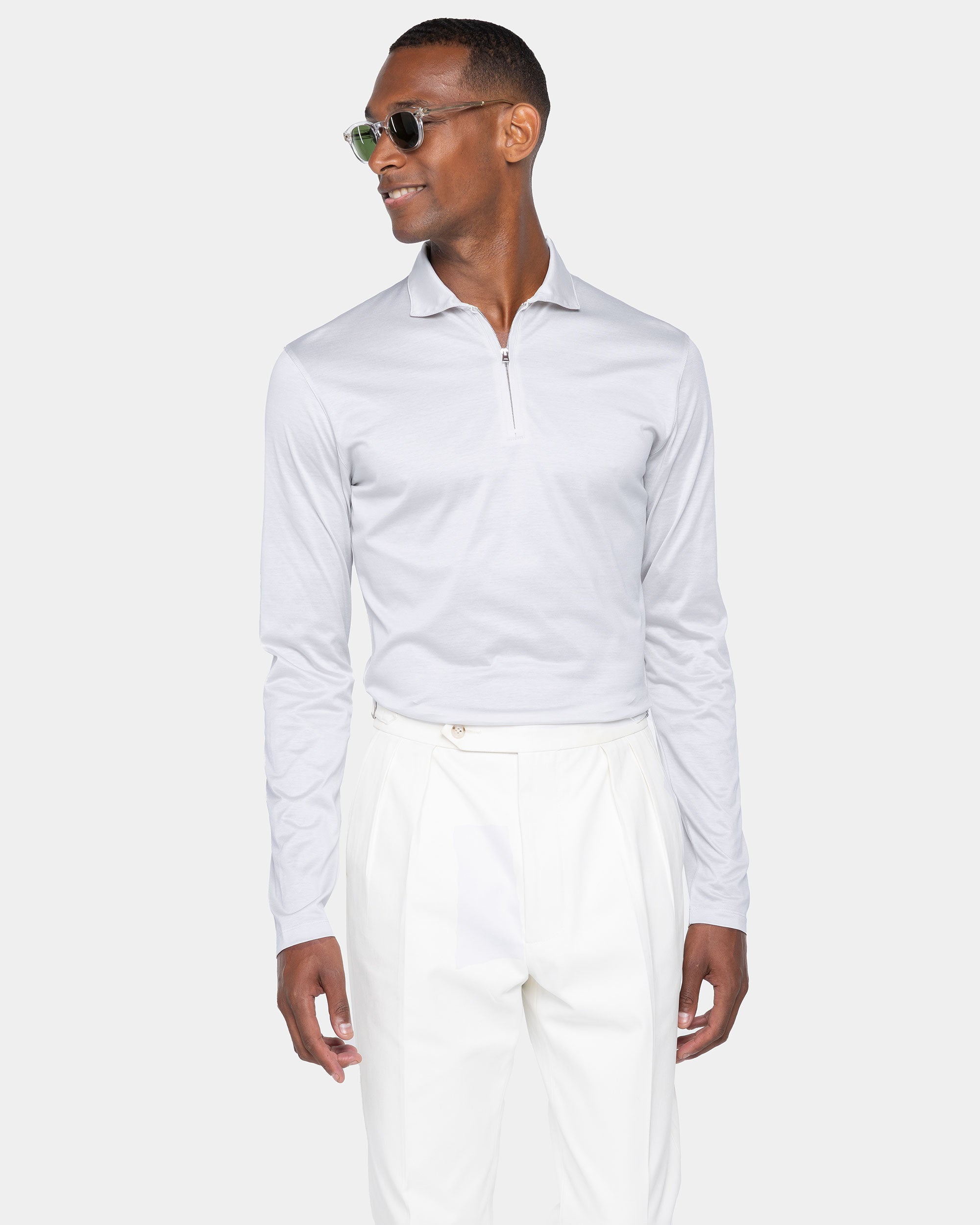 Polo mezza zip manica lunga tinta unita Grigio perla 100% Cotone egiziano | Filatori