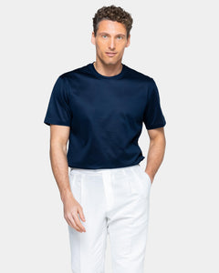 t shirt uomo tinta unita blu manica corta classica con stile sartoriale in tessuto lucido 100% cotone pregiato su misura brand filatori